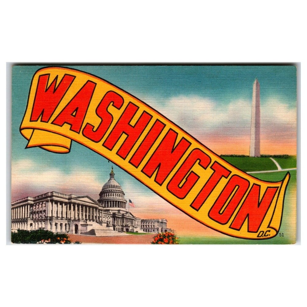Vintage WASHINGTON D.C. Large Letter Linen Postcard Capitol Monument Posted